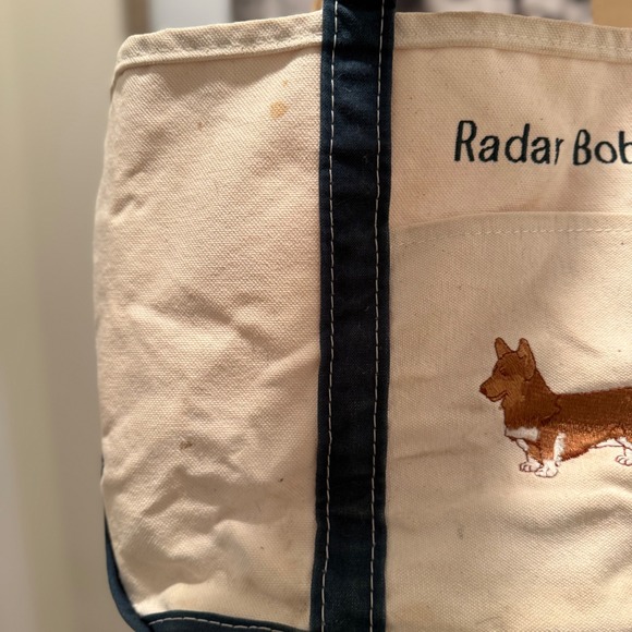 Vtg L.L.Bean Boat Tote 'Radar Bob' Corgi Embroidered Canvas Bag Green Trim - Picture 6 of 12